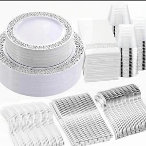 350 pieces of dinnerware Disposable Set Gold Rim Plastic Plates Silverware Pre-Rolled Napkins Wedding Dinnerware Party Birthday Table Decor