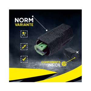 Könnte beinhalten: Schwarzer und grüner elektrischer Stecker mit schwarzer Stoffabdeckung. Der Text "NORM VARIANTE" ist auf dem Bild sichtbar. Der Text "COMPONENTS INSIDE" ist ebenfalls auf dem Bild sichtbar.