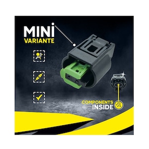 Może przedstawiać: Czarny i zielony złącze elektryczne z tekstem "MINI VARIANTE" i "COMPONENTS INSIDE" na czarnym i żółtym tle.