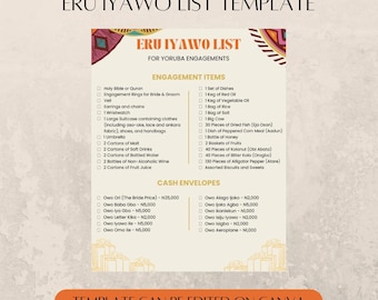 Plantilla personalizable de lista de Eru Iyawo para compromisos yoruba (versión colorida)