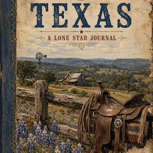 Può includere: Una copertina di diario intitolata TEXAS A LONE STAR JOURNAL con un paesaggio rustico che include una staccionata in legno, una sella in cuoio marrone, un mulino a vento, una casa e fiori di lupino. Il design include una stella e 1836 INDEPENDENCE.