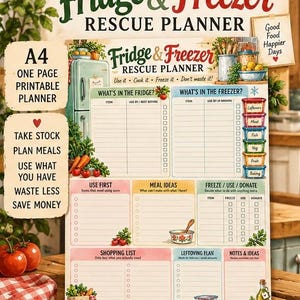Könnte beinhalten: Ein A4-druckbarer Fridge & Freezer Rescue Planner mit Abschnitten zur Erfassung von Lebensmitteln, Mahlzeitenideen und Einkaufslisten. Das Dokument enthält Illustrationen von Küchengeräten, Lebensmitteln und Behältern mit Textüberschriften.