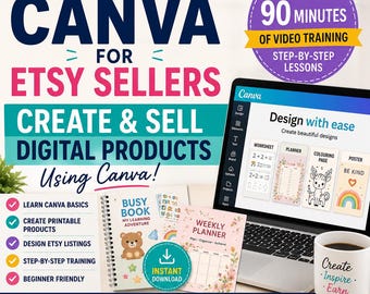 Canva para vendedores de Etsy / Curso en vídeo de 90 minutos / Aprende a crear productos digitales e imprimibles / Formación básica en Canva