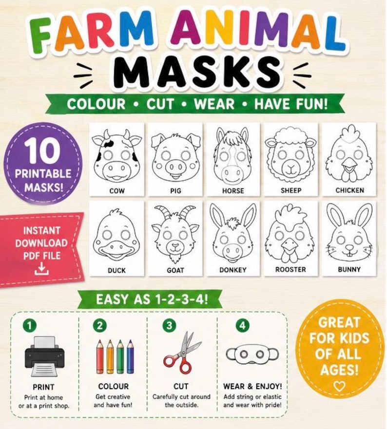 Poultry Guide.pdf Farm Animal Masks Printable Craft Activity | 10 Colouring Masks ...