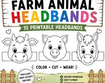Farm Animal Headbands Printable Craft Activity | 10 Color Cut Wear Crowns (Digital Download)