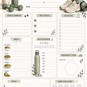 May include: A daily planner sheet featuring sections for workout, goals, to-do list, meals, water tracker, steps, notes, and mood. The design includes illustrations of dumbbells, a water bottle, sneakers, a yoga mat, and foliage in sage green.