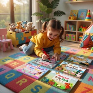Puede incluir: Una niña escribe en un "Busy Book" con un rotulador rojo. Se muestran varios libros coloridos, incluyendo "Princess Theme Busy Book" y "Dinosaur Busy Book". La escena se desarrolla sobre una colorida alfombra de juego con temática de alfabeto.