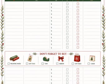 Peut inclure: Une feuille de planificateur de cadeaux de Noël avec un en-tête festif illustré d'un cadeau et d'une lanterne rouge. La mise en page comprend des colonnes pour le destinataire, l'idée de cadeau, le budget, l'achat, l'emballage et des notes.