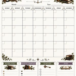 Peut inclure: Une page de planificateur mensuel avec un calendrier en grille et les jours de la semaine. Le design pr&eacute;sente des illustrations de livres empil&eacute;s, une effraie des clochers, un globe, des bougies et du lierre. Inclut des sections pour les objectifs.