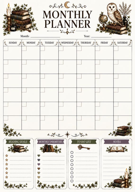 Dark Academia Monthly Planner Printable | Undated A4 Calendar | Vintage Owl Planner | Reading Goals & Monthly Organizer | Digital Download