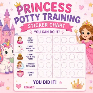 Peut inclure: Un tableau de récompenses Princess Potty Training avec un château rose, une licorne blanche à crinière arc-en-ciel et une princesse tenant une baguette. Le tableau inclut des lignes pour des tâches comme s'asseoir sur le pot et rester sec.
