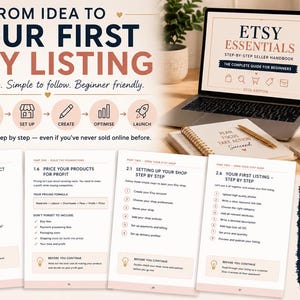 May include: A digital guide titled From Idea to Your First Etsy Listing, featuring a laptop displaying the Etsy Essentials handbook, four open pages of instructional content, and a dark blue box with a checklist of practical guidance for sellers.