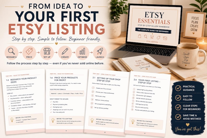 May include: A digital guide titled From Idea to Your First Etsy Listing, featuring a laptop displaying the Etsy Essentials handbook, four open pages of instructional content, and a dark blue box with a checklist of practical guidance for sellers.