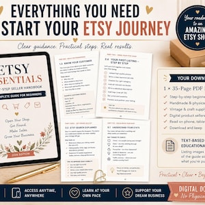 May include: A 35-page digital PDF handbook titled Etsy Essentials Step-by-Step Seller Handbook, displayed on a tablet and printed pages. The guide includes sections on customer profiles, listing steps, search optimization, and shop statistics for beginners.
