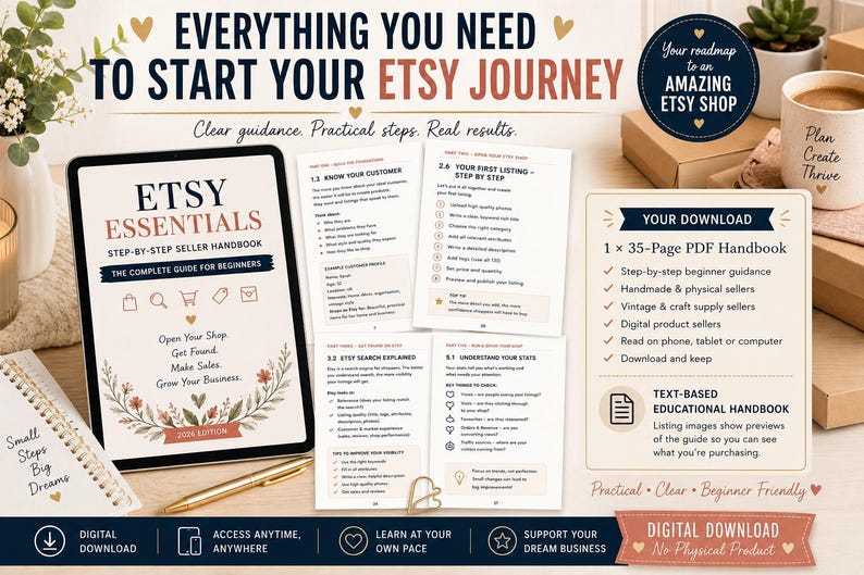May include: A 35-page digital PDF handbook titled Etsy Essentials Step-by-Step Seller Handbook, displayed on a tablet and printed pages. The guide includes sections on customer profiles, listing steps, search optimization, and shop statistics for beginners.