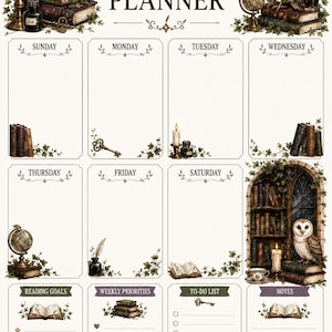 May include: A weekly planner page featuring the text WEEKLY PLANNER at the top. The design includes illustrations of owls, stacks of antique books, lit candles, ink bottles, globes, keys, and ivy vines. It has sections for each day of the week.