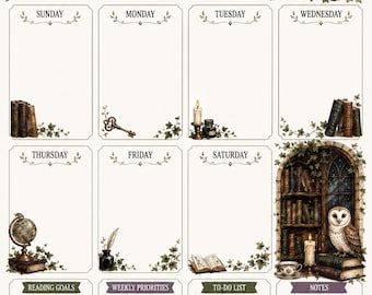 Peut inclure: Une page de planning hebdomadaire avec le texte WEEKLY PLANNER en haut. Le design inclut des illustrations de chouettes, de piles de livres anciens, de bougies allumées, d'encriers, de globes, de clés et de lierre. Il comporte des sections quotidiennes.