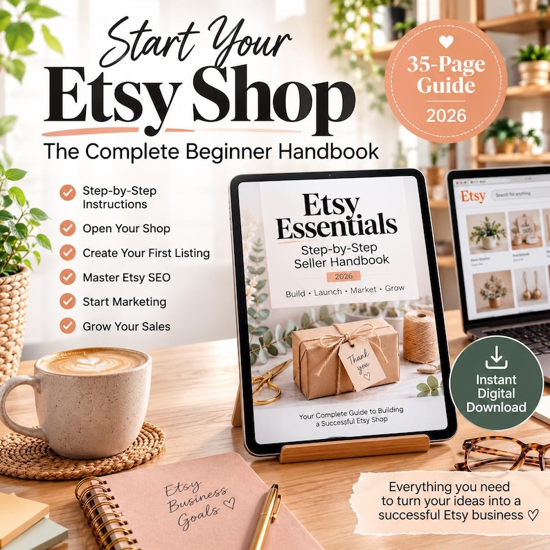 May include: A 35-page digital guide titled Start Your Etsy Shop: The Complete Beginner Handbook displayed on a tablet. The screen shows Etsy Essentials Step-by-Step Seller Handbook 2026 with a gift box image. Includes an instant digital download icon.