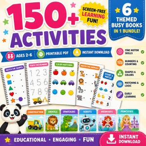 May include: A digital bundle of 150+ activities for ages 2-6, featuring six themed busy books including construction, animals, dinosaurs, robots, mermaids, and princesses. The set includes printable PDF pages for matching shapes, tracing numbers, colour matching, and counting.