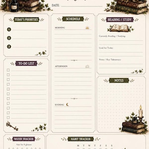 May include: A daily planner page featuring a cream background with dark brown text and illustrations of an owl, stacked books, ink bottles, candles, a globe, a teacup, and ivy. Sections include Today's Priorities, Schedule, Reading/Study, To-Do List, Notes, Water Tracker, and Habit Tracker.
