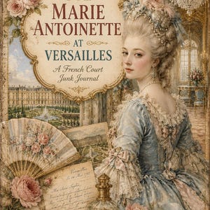 May include: A decorative print titled Marie Antoinette at Versailles A French Court Junk Journal featuring a portrait of a person in an ornate blue gown, a folding fan with pink roses, a glass bottle of Eau de Cologne, and a wax-sealed letter.