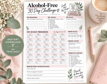 Peut inclure: Un suivi de défi de 30 jours sans alcool sur papier blanc avec des accents roses, comprenant des sections pour les objectifs, les progrès quotidiens, l'humeur et les économies. Le document inclut des textes, des cases et des illustrations.