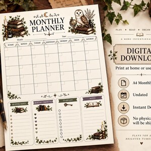 Peut inclure: Une page de planificateur mensuel avec une grille de calendrier, des en-t&ecirc;tes pour les jours de la semaine, des sections pour les objectifs de lecture, les priorit&eacute;s, une liste de t&acirc;ches et des notes, illustr&eacute;e d'un hibou et de livres.