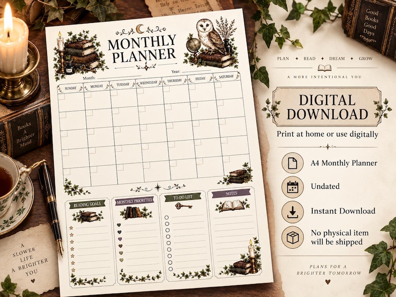 Peut inclure: Une page de planificateur mensuel avec une grille de calendrier, des en-t&ecirc;tes pour les jours de la semaine, des sections pour les objectifs de lecture, les priorit&eacute;s, une liste de t&acirc;ches et des notes, illustr&eacute;e d'un hibou et de livres.