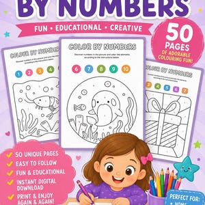 Cahier d'activités à colorier par numéros pour enfants - 50 pages d'oeuvres d'art imprimables - Documents à imprimer pour l'école à la maison (téléchargement numérique)