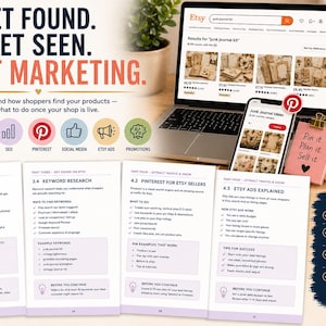 May include: An educational guide titled GET FOUND. GET SEEN. START MARKETING. featuring a laptop displaying an Etsy search results page, a smartphone with Pinterest, a pink mug, and four open pages detailing Etsy search, keywords, and ads.