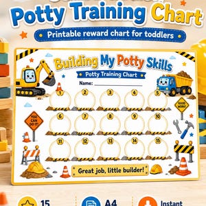 Construction Potty Training Chart Printable, Toddler Reward Chart, 15 Step Toilet Training Tracker, A4 Instant Download