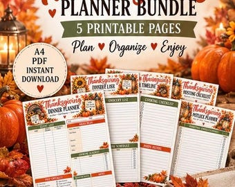 Peut inclure: Un ensemble de planificateurs de Thanksgiving comprenant cinq pages imprimables au format A4 PDF avec des graphismes sur le thème de l'automne, incluant des citrouilles, des tournesols et des feuilles. Les pages incluent un planificateur de dîner.