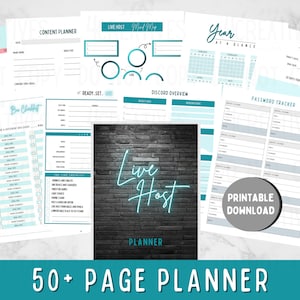 May include: A teal and black printable planner with the title "Live & Host Planner" and the text "50+ Page Planner". The planner includes pages for content planning, live host checklists, password tracking, and a year at a glance calendar.