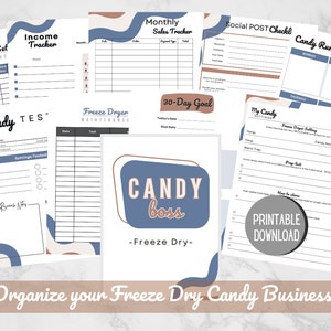 May include: A printable set of worksheets for organizing a freeze-dried candy business. The worksheets include a Candy Run Schedule, a 30-Day Goal tracker, a Freeze Dryer Maintenance log, and a Social Post Checklist. The worksheets are designed with a blue and brown color scheme and feature the text "CANDY boss -Freeze Dry-".