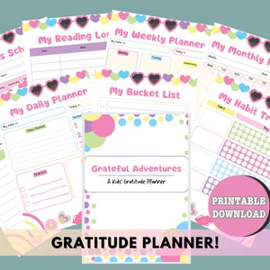 May include: A set of printable planner pages for kids featuring a colorful design with hearts, rainbows, and polka dots. The pages include a class schedule, homework tracker, reading log, weekly planner, monthly planner, daily planner, bucket list, habit tracker, and a gratitude journal.