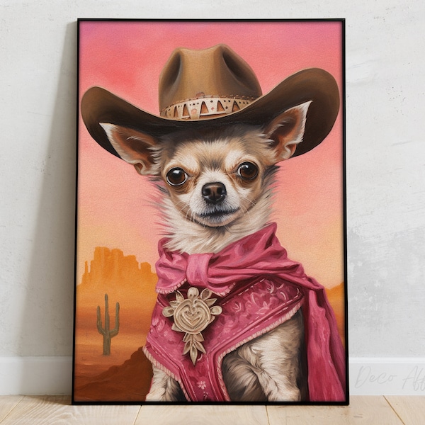 Chihuahua Cowboy Portrait, Art mural maximaliste éclectique, Art décalé, Cadeau des amoureux des chiens, Western, Affiche de rodéo, Personnalisé, Art funky