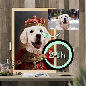 May include: A white dog wearing a red and gold royal robe and a gold crown with red jewels. The dog is looking at the camera with a happy expression. The image has the text "24h" in a circle.