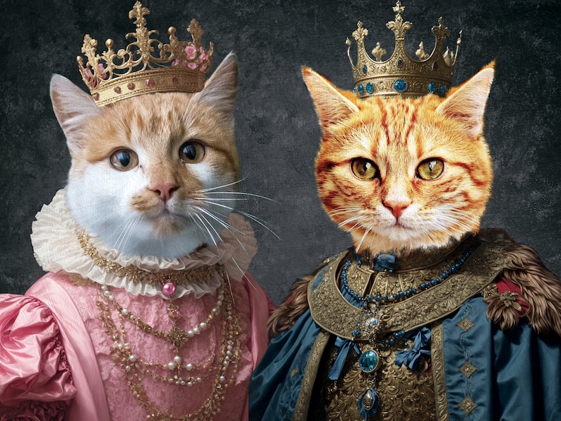 Two Pets Portrait, Digital File Pet Royal Portrait, Royal Cat Portrait, Dog Royal Portrait, Gift For Pet Lover, One-Of-A-Kind Gift zdjęcie 1