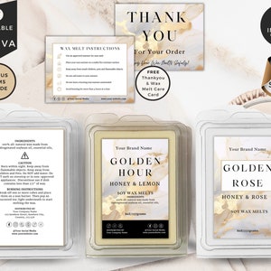 Wax Melts Labels Template, Wax Safety, Editable Snap-Bar Clamshell Label, DIY Customizable Wax Tart Labels, Modern Canva Design, Gold, CBW1