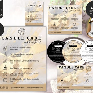 Bearbeitbare Kerzenwarnkarte, Gold, druckbare Karte mit Kerzenpflegeanweisungen, digitaler Download, Canva-Vorlage, DIY-Kerzensicherheitsetikett, CBW1