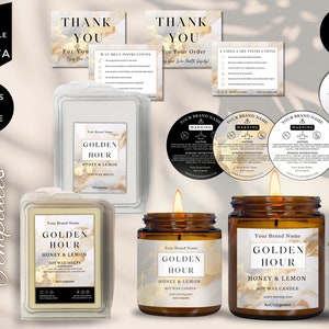 May include: A set of candle and wax melt templates featuring a marble and gold design. The templates include the text "Golden Hour" and "Honey & Lemon". The set contains labels, warning stickers, thank you cards, and candle care instructions.