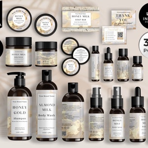 Editable Cosmetic Label Templates, Custom Body Product Label, DIY Skincare Labels, Beauty Sticker Design, Bottle and Jar Labels, Gold, CBW1