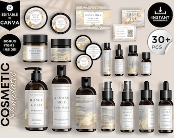 May include: A set of 30+ cosmetic product labels with a honey and milk theme. The labels feature a watercolor background with a gold and white color scheme. The labels are designed for use on bottles, jars, and boxes. The labels include text such as "Honey Milk", "Almond Milk", "Honey Gold", "Honey Mist", and "Honey Love".