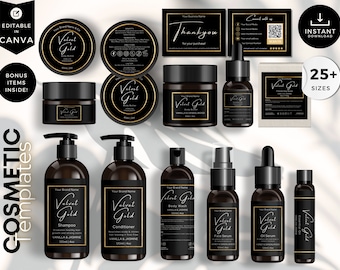 Editable Cosmetic Label Templates, Custom Body Product Label, DIY Skincare Label, Beauty Sticker Design, Bottle and Jar Labels, Black, CBG2