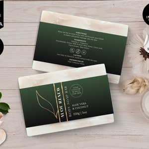 Etichetta per sapone modificabile, modello di etichette per sapone, etichetta per sapone floreale, etichette per sapone fai da te, etichetta per prodotto Canva, confezione per sapone cosmetico, verde, CBS3