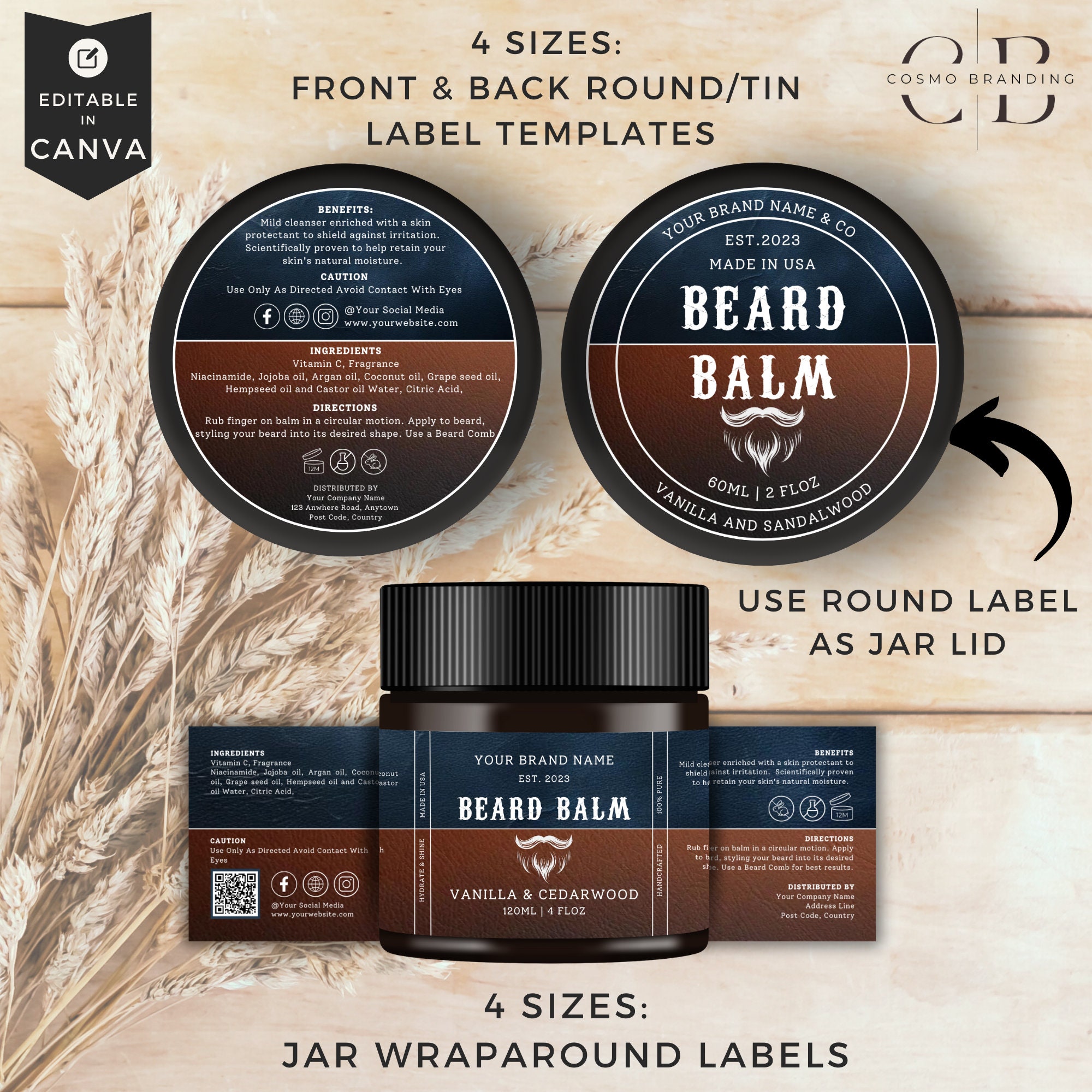 Masculine Beard Label Template Bundle Canva Editable Grooming Product ...