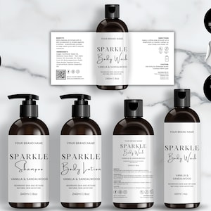 Editable Cosmetic Bottle Label Template, Canva Bottle Design Sticker, DIY Bottle Labels 4oz, 8oz, 16oz, Shampoo, Conditioner, White, CBW3