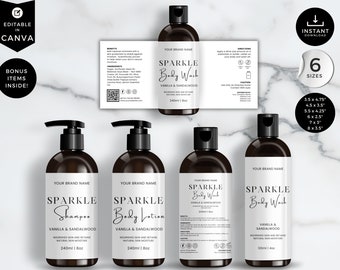 Editable Cosmetic Bottle Label Template, Canva Bottle Design Sticker, DIY Bottle Labels 4oz, 8oz, 16oz, Shampoo, Conditioner, White, CBW3
