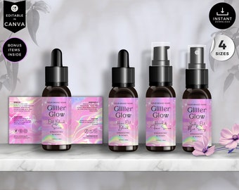 Editable Oil Dropper Bottle Label, DIY Essential Oil Template, Hair Oil Bottle Design, 1oz, 2oz, 4oz, Cosmetic Product Packaging, Pink, CBP4
