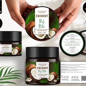 Editable Jar Label Templates, DIY Cosmetic Product Canva Label Design, Body Skincare Brand, Round Tin Labels, Jar Lid Sticker, Coconut, CBC5